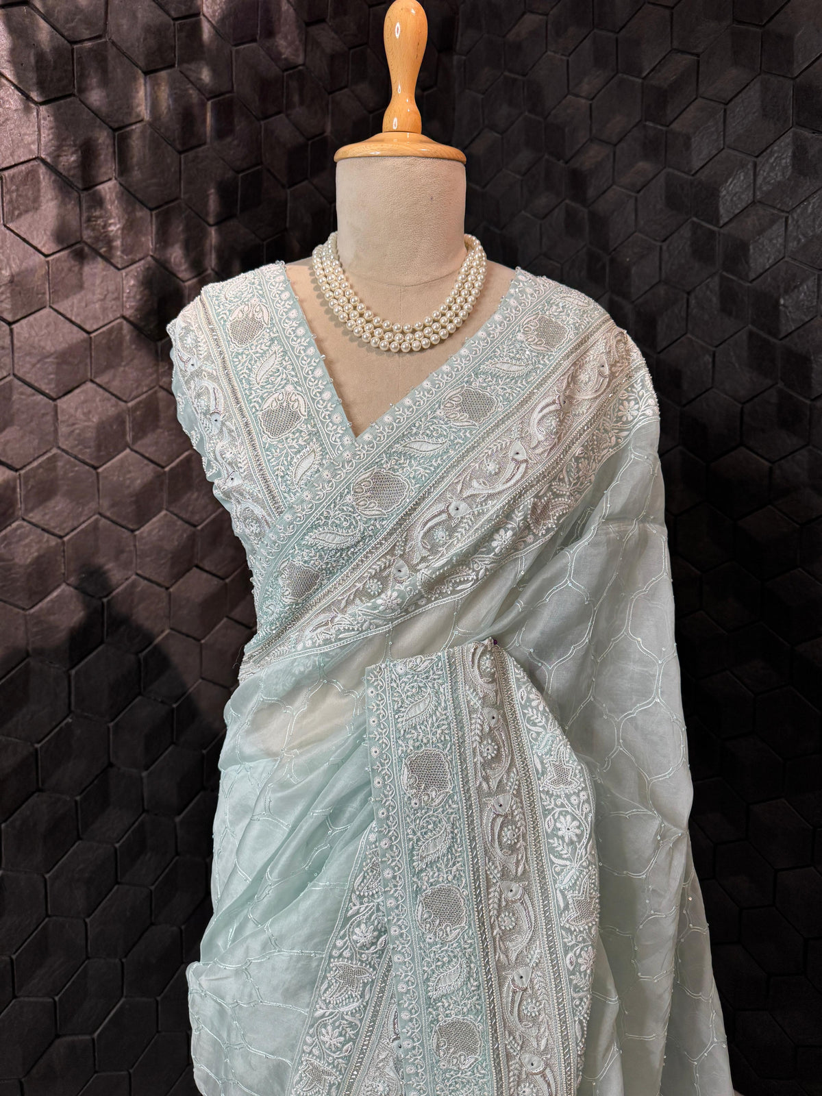 Mint Green Fish Motif Organza Saree
