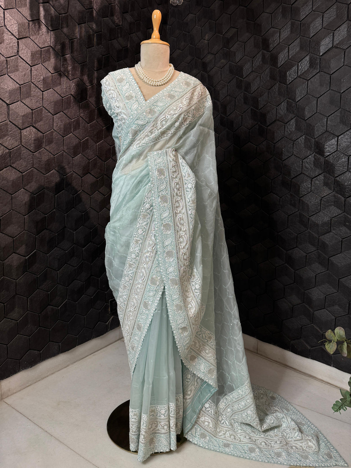 Mint Green Fish Motif Organza Saree