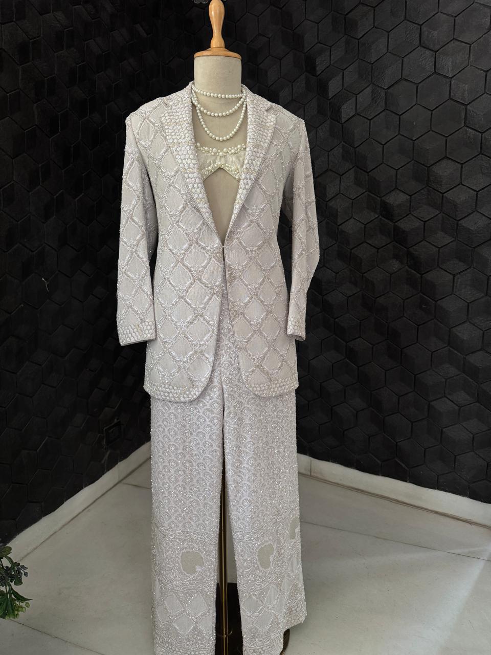 Grey & Silver Kasab Jaal Gilet Set