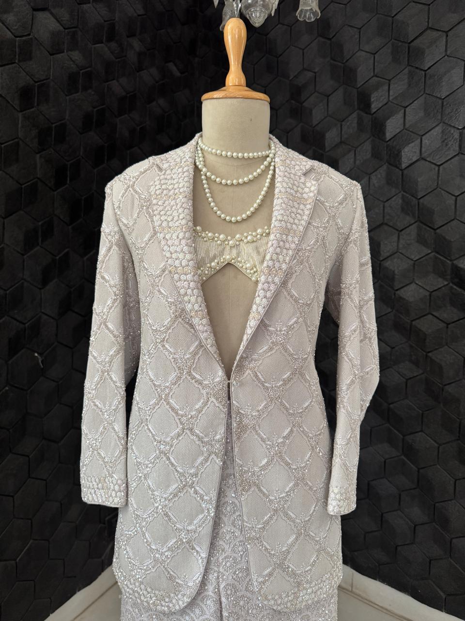 Grey & Silver Kasab Jaal Gilet Set