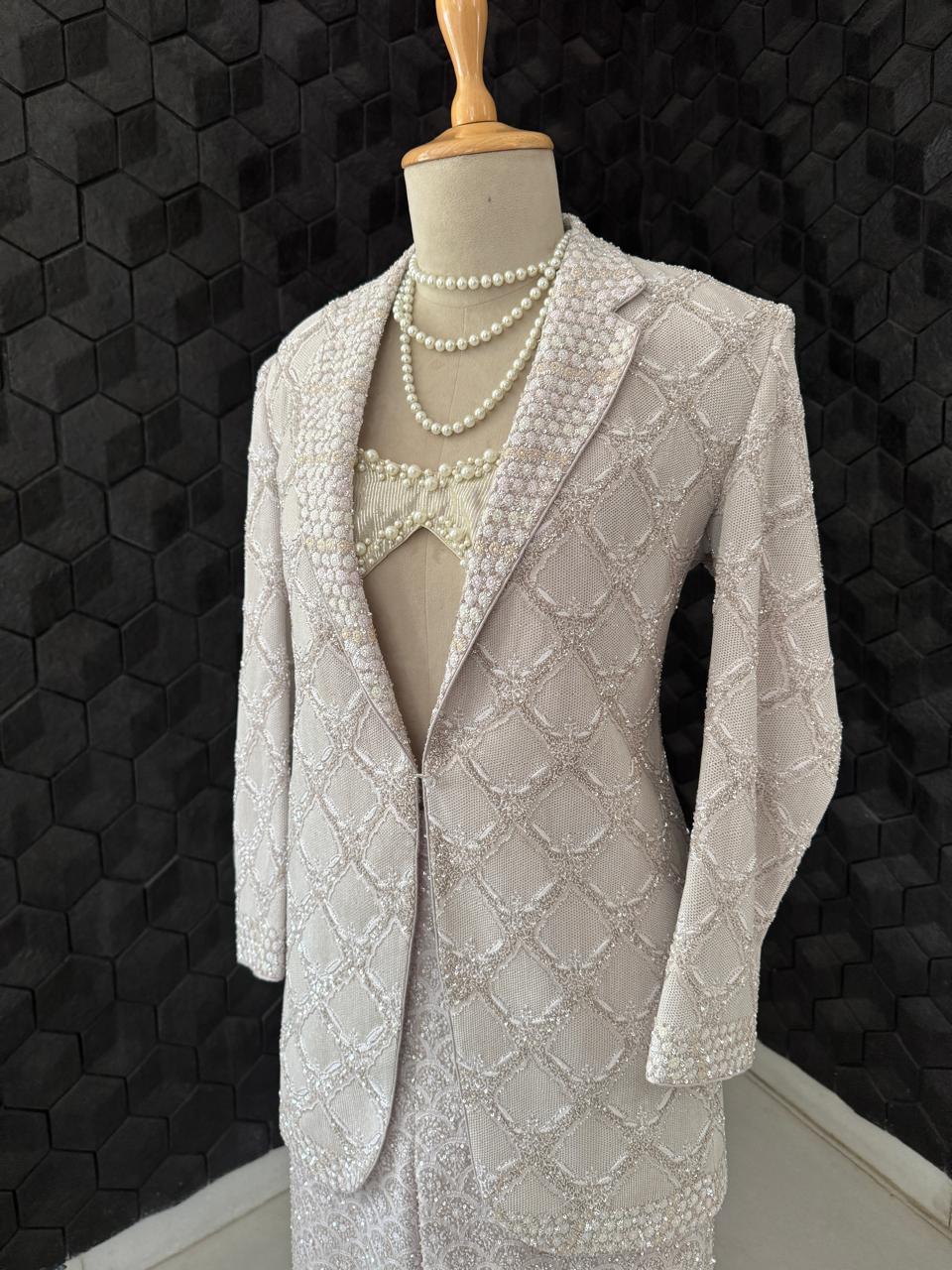 Grey & Silver Kasab Jaal Gilet Set