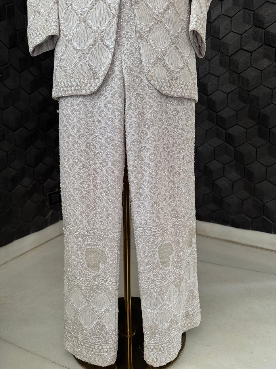 Grey & Silver Kasab Jaal Gilet Set