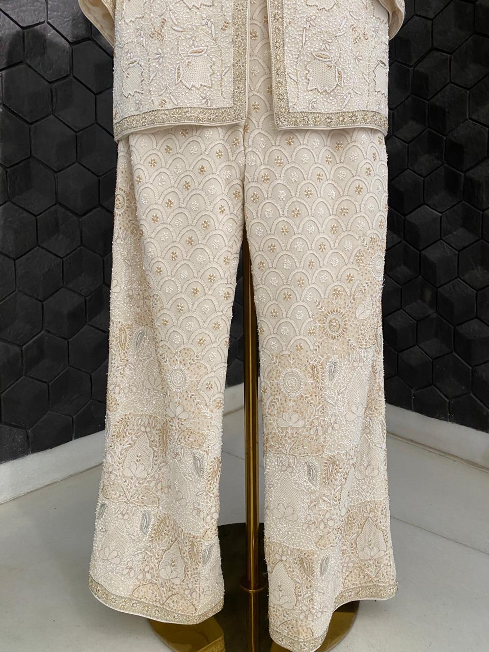 Ivory & Gold Chikankari Blazer Set