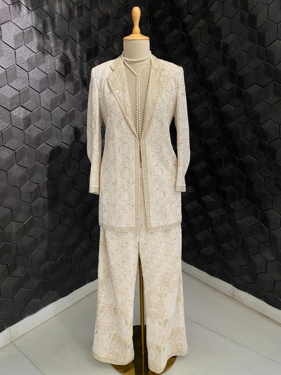 Ivory & Gold Chikankari Blazer Set
