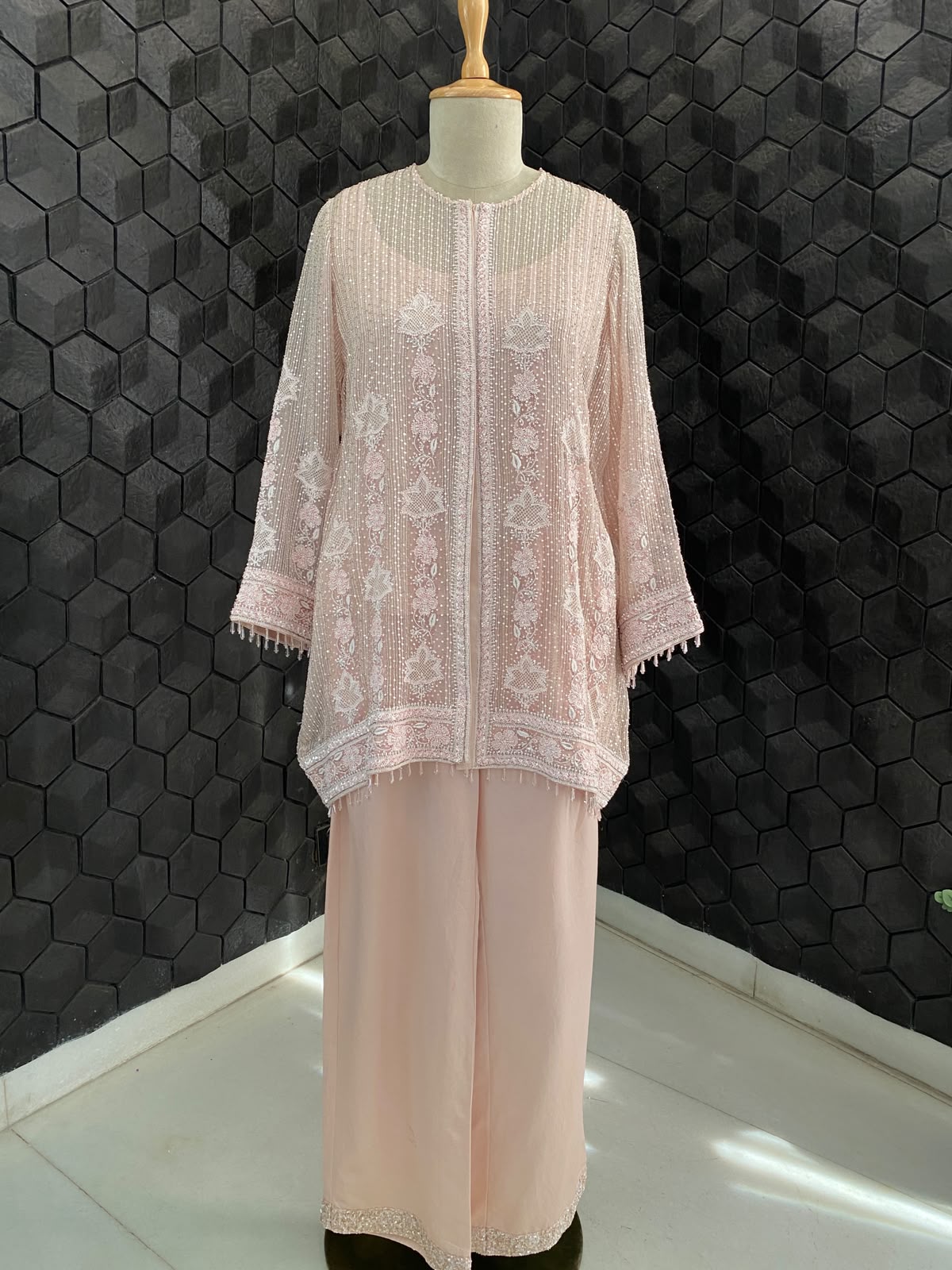 Powder Pink Chikankari Organza Gilet Set