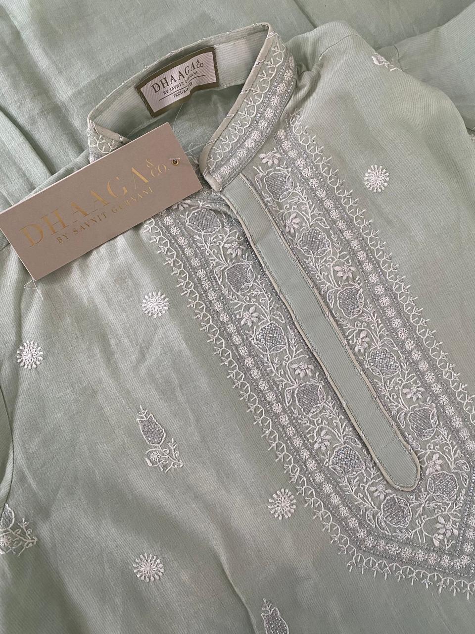 Green Silver Tissue Chikankari Mens Kurta Sale price