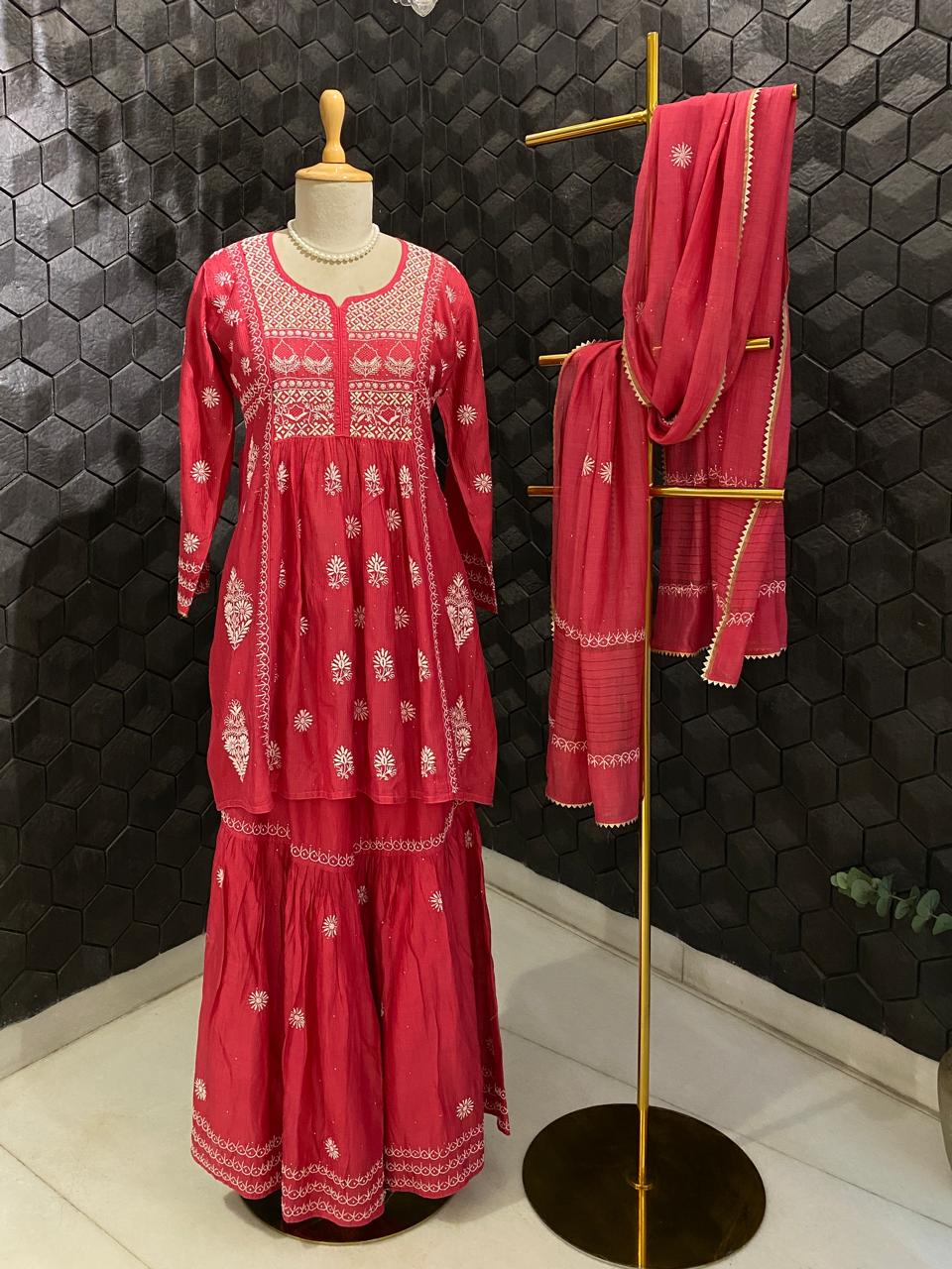Fuschia Pink Mukaish & Chikankari and Mukaish Sharara Set