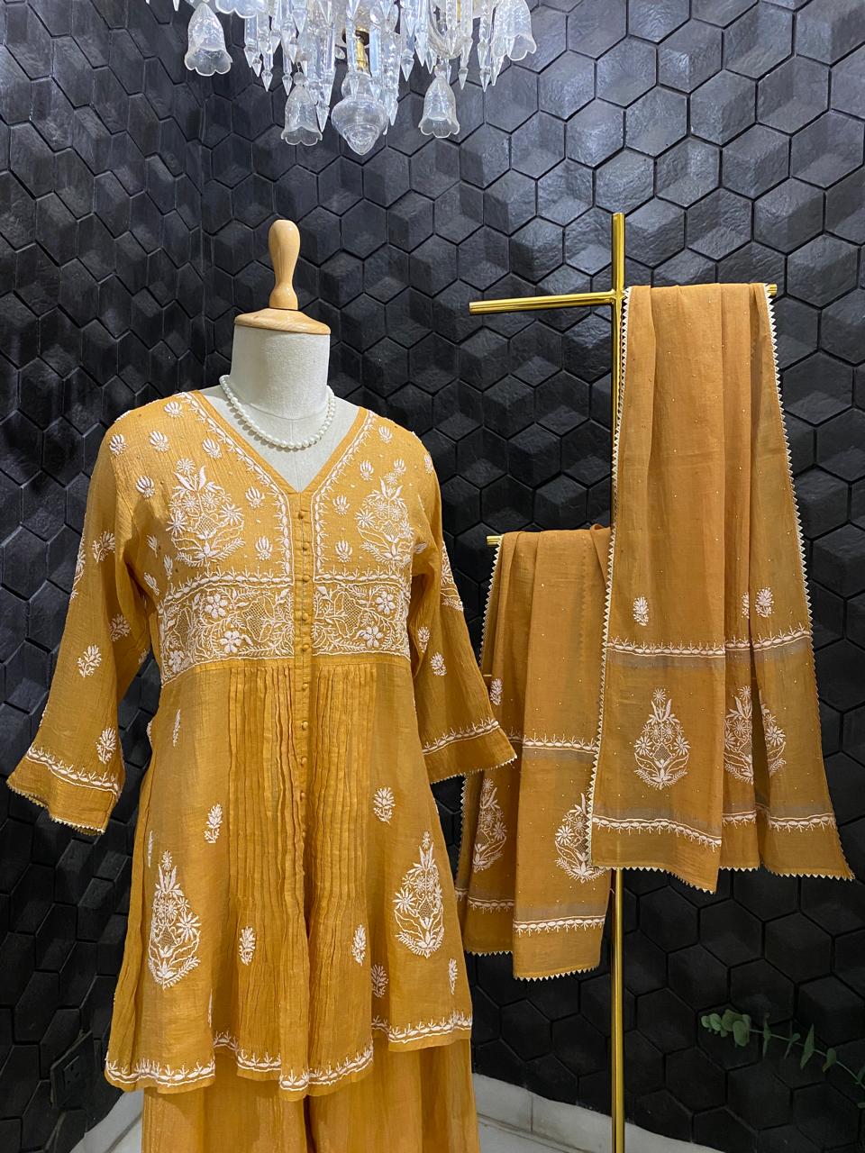 Mustard Mukaish & Chikankari and Mukaish Sharara
