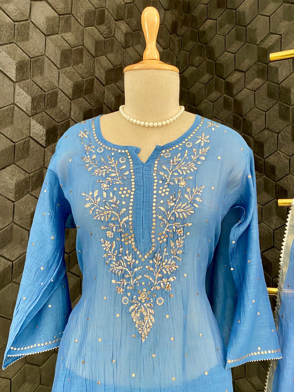 Cobalt Blue Mukaish & Pitta Sharara Set
