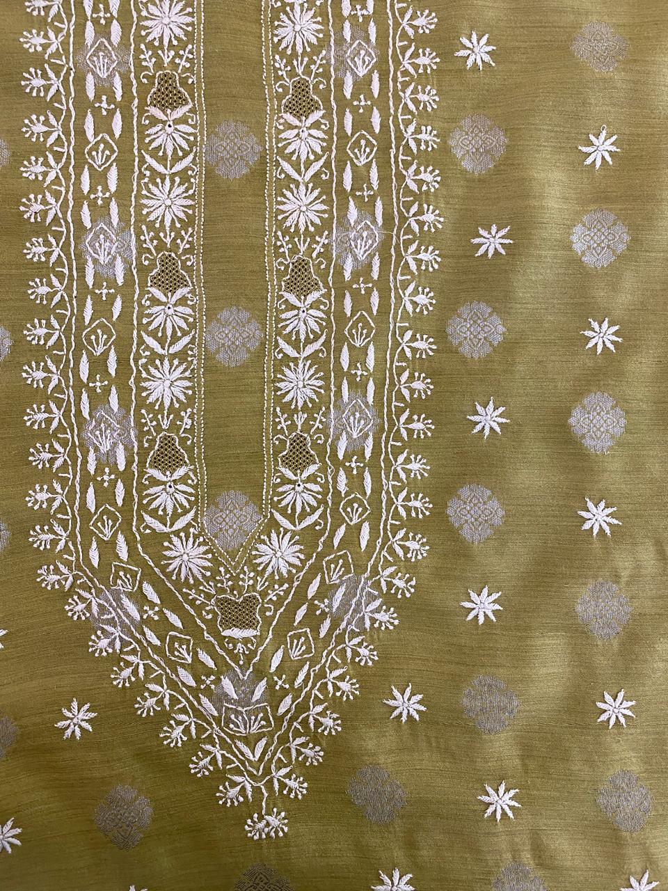 Olive Green Zari Butti Moonga Silk Men's Kurta