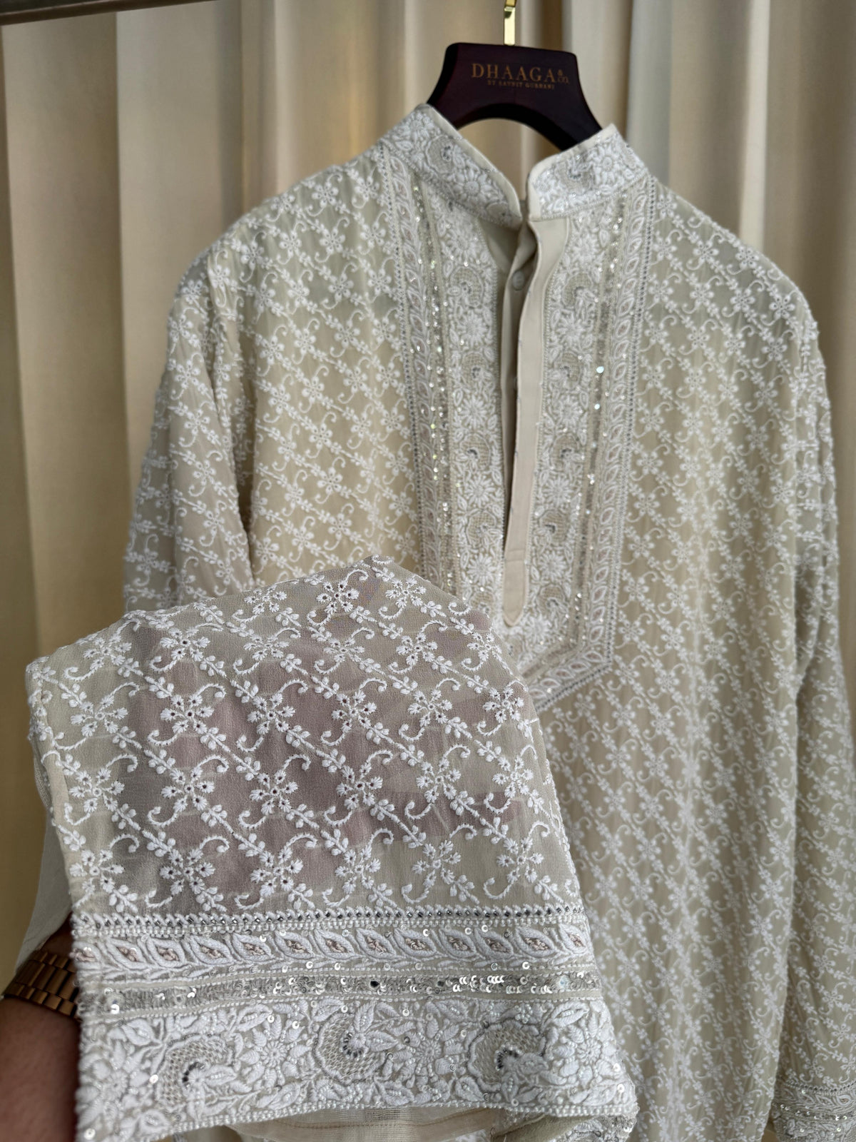 Ivory Georgette Chikankari Mens Kurta