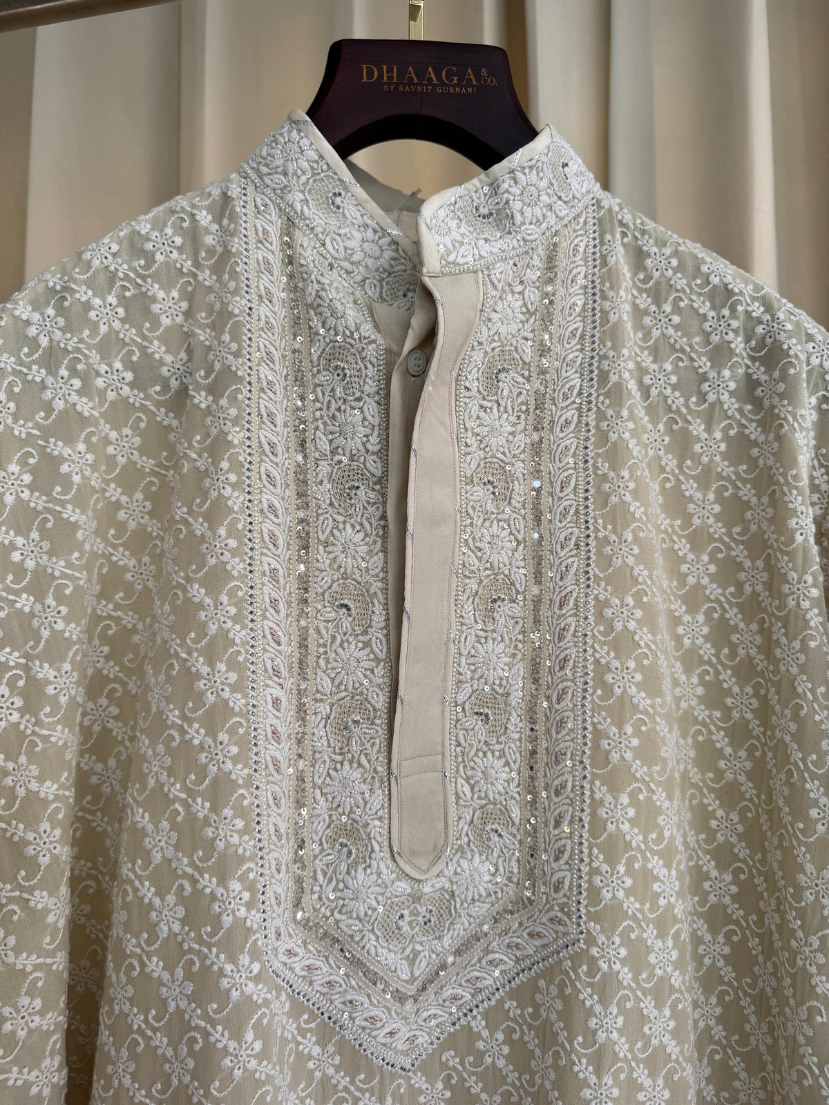 Ivory Georgette Chikankari Mens Kurta