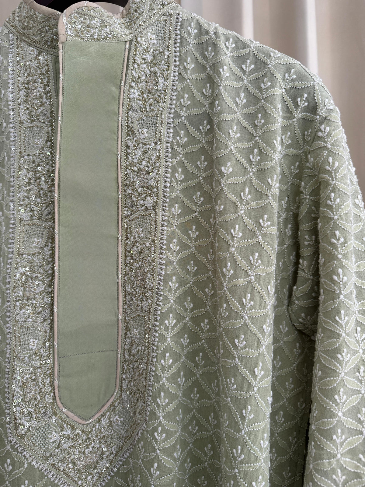 Sage Green Georgette Chikankari Men’s Kurta