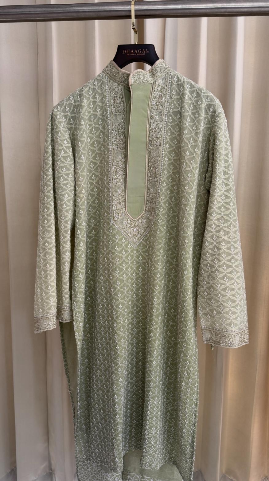 Sage Green Georgette Chikankari Men’s Kurta