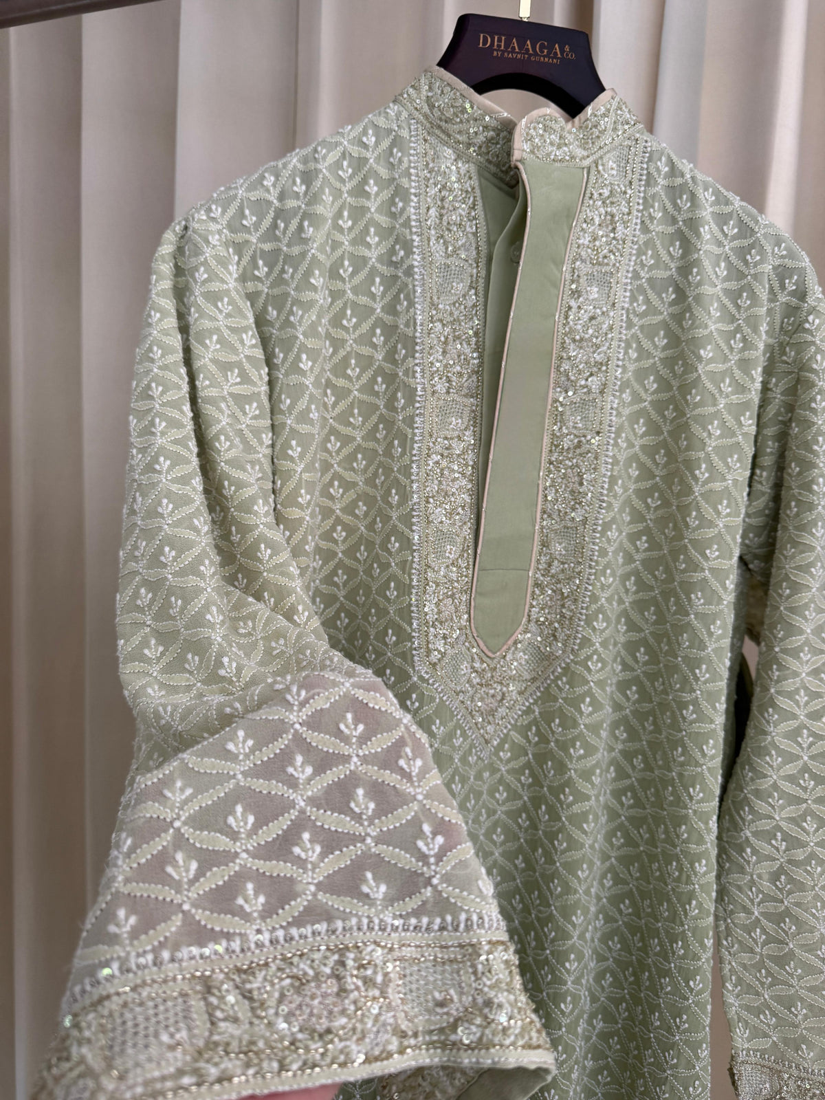 Sage Green Georgette Chikankari Men’s Kurta