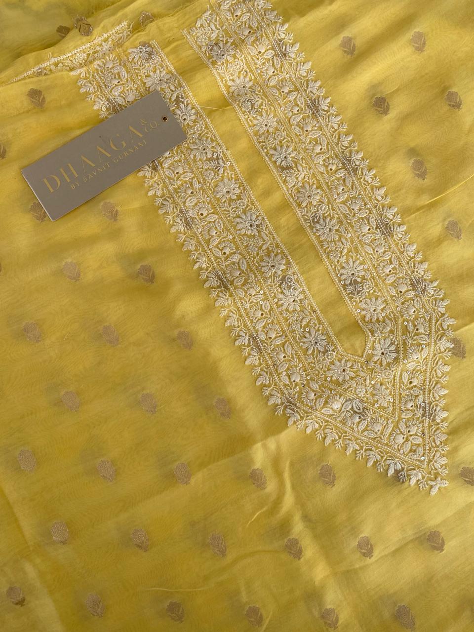 Yellow Zari Butti Chikankari Men's Kurta