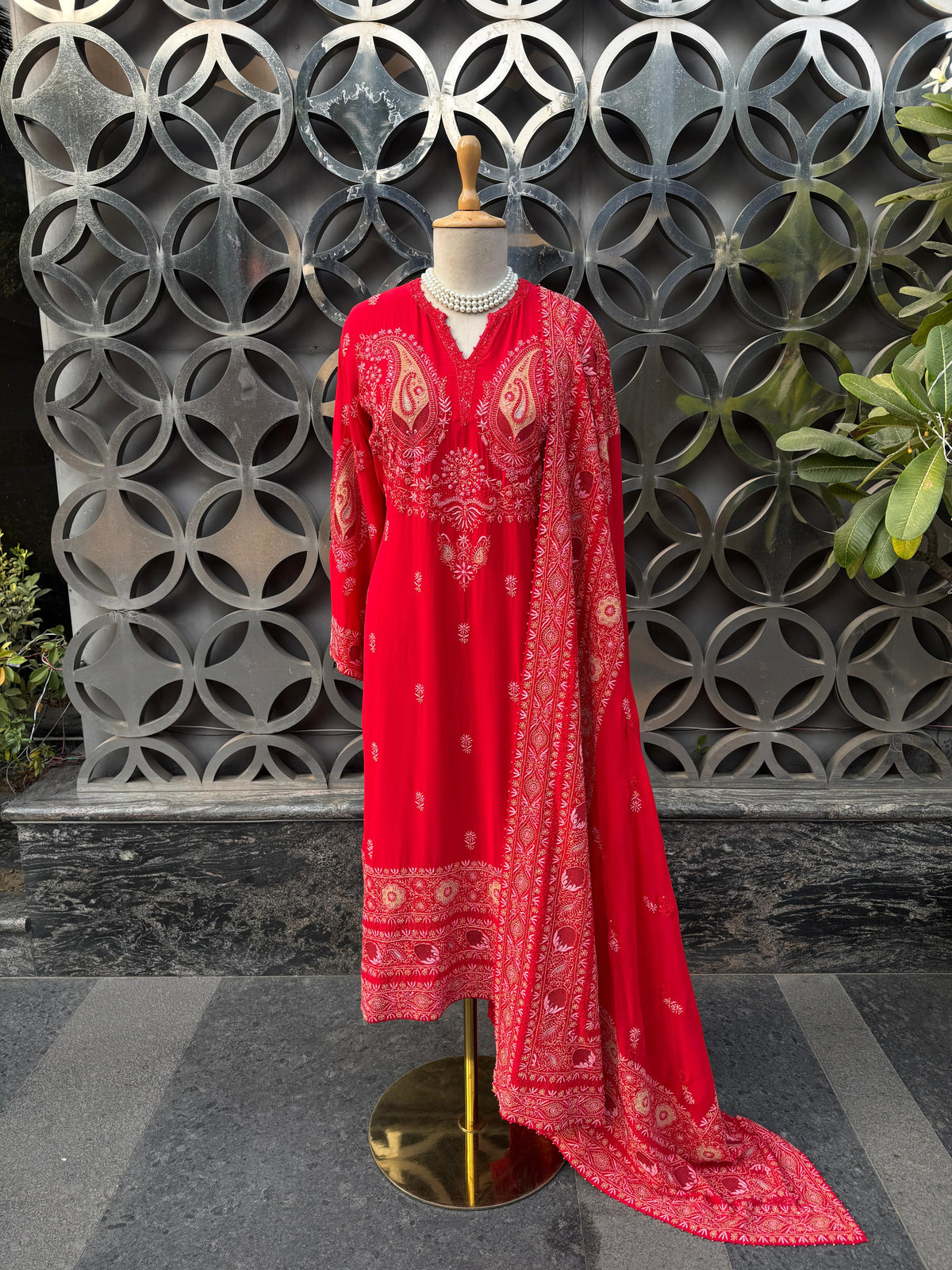 Red Paisley Motif Georgette Suit Set