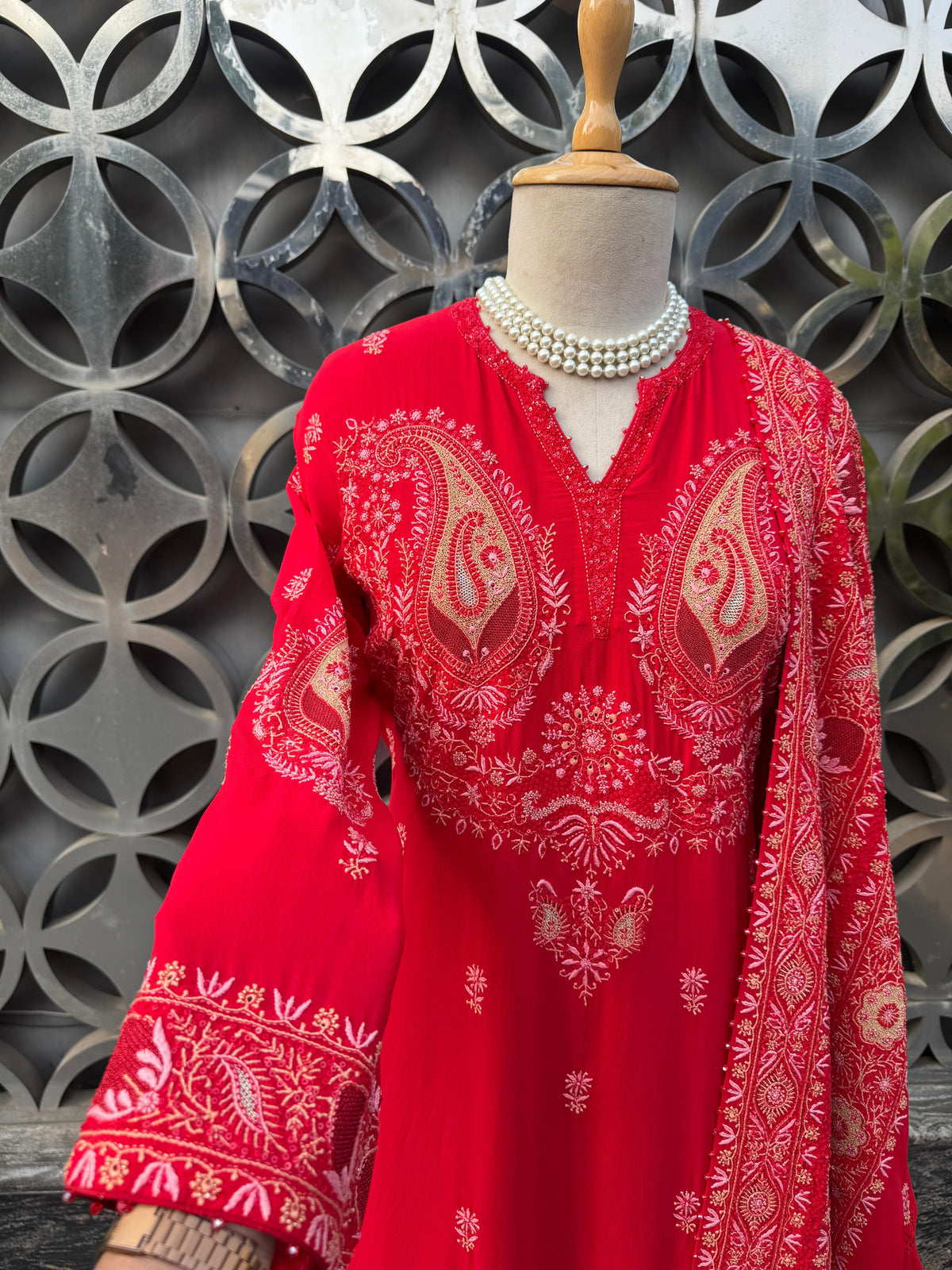 Red Paisley Motif Georgette Suit Set