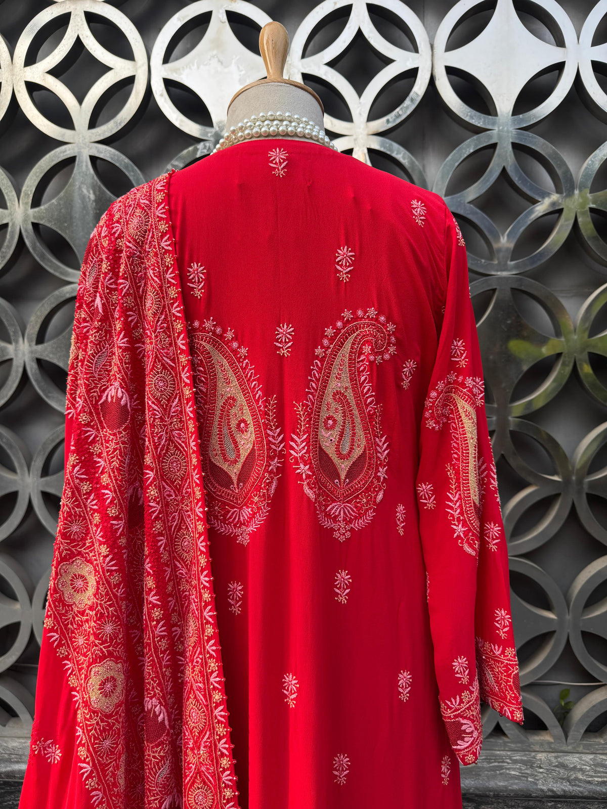 Red Paisley Motif Georgette Suit Set