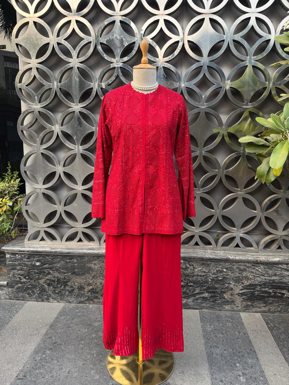 Red Georgette Chikankari Gilet Set
