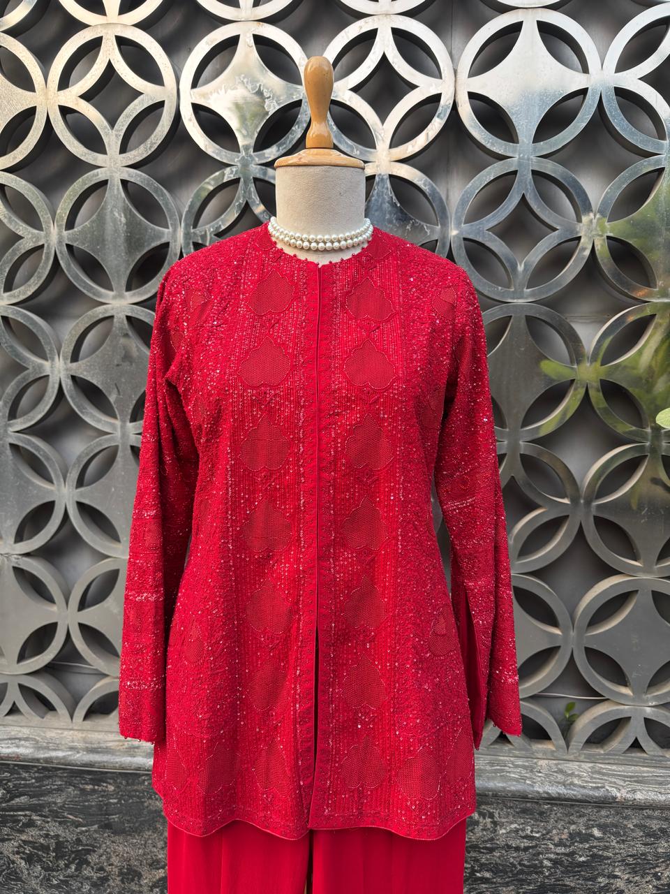 Red Georgette Chikankari Gilet Set