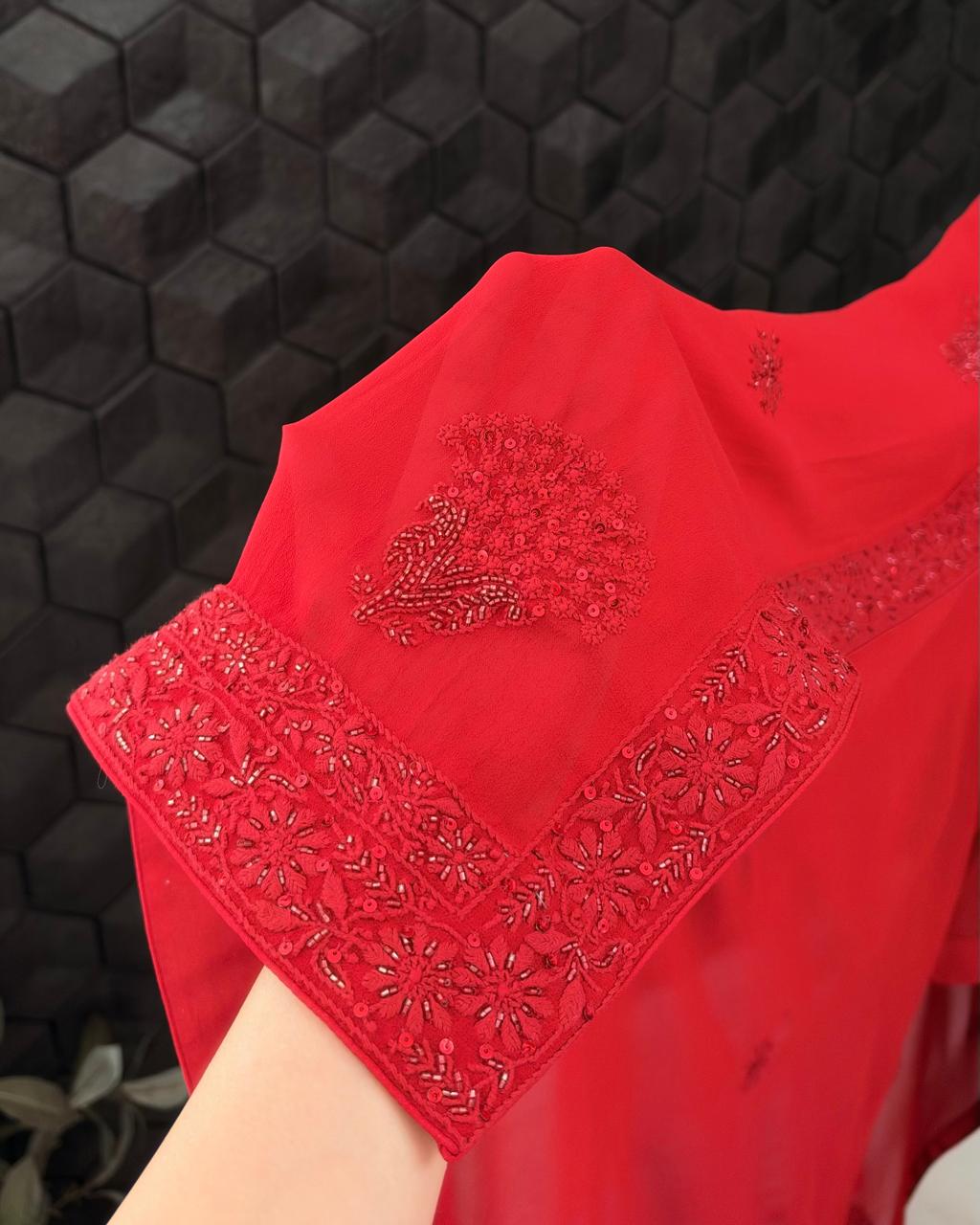 Red Georgette Floral Jaal Suit Set