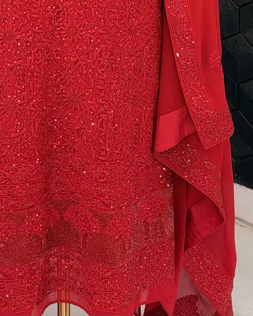 Red Georgette Floral Jaal Suit Set