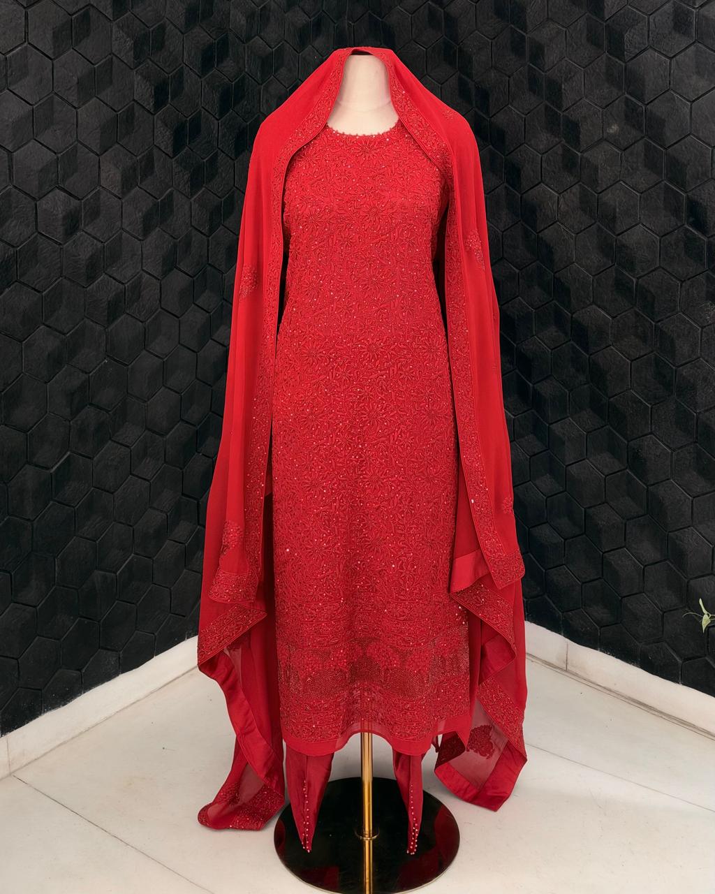 Red Georgette Floral Jaal Suit Set