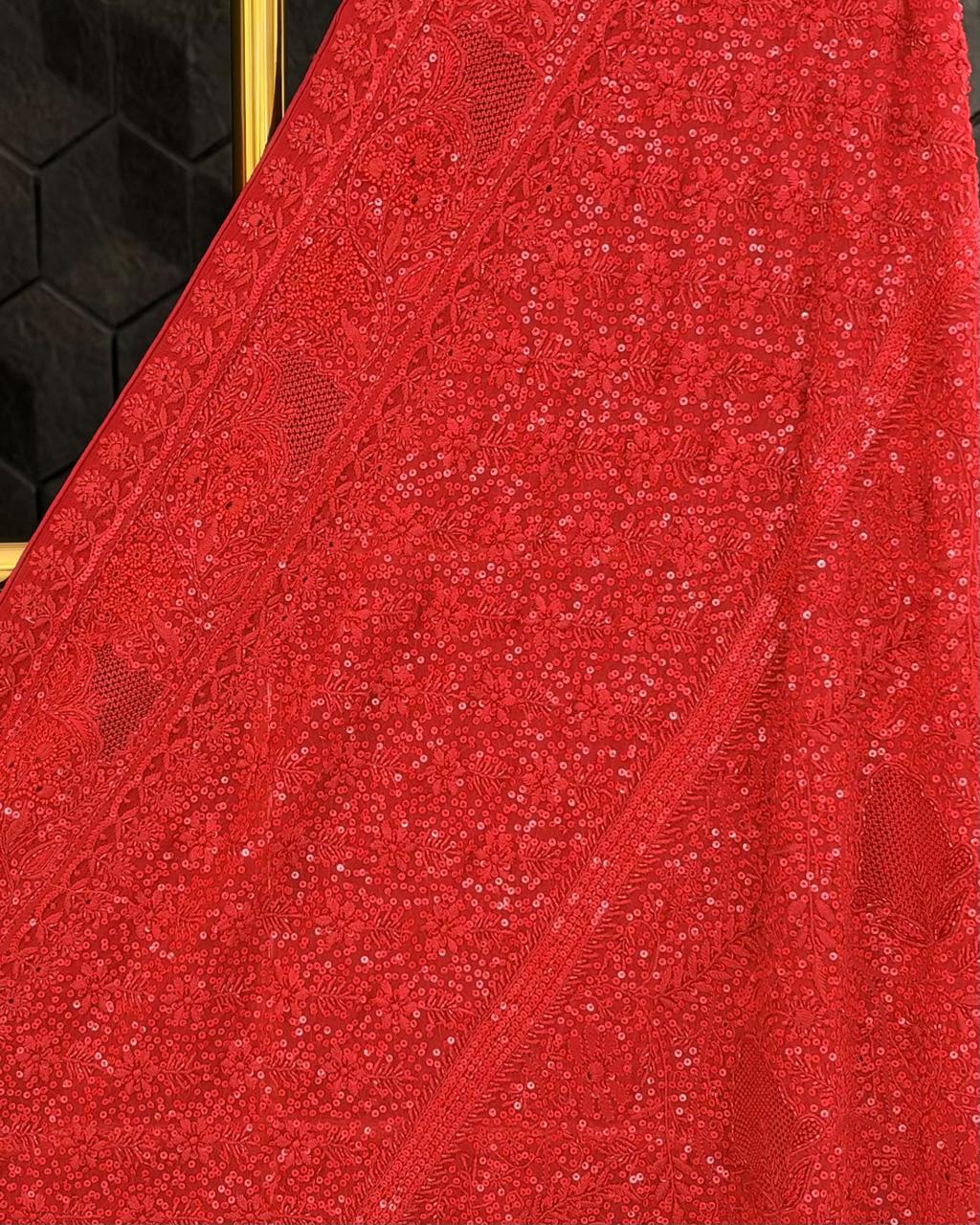 Red Heavy Dupatta Sequins Chikankari Suit Set