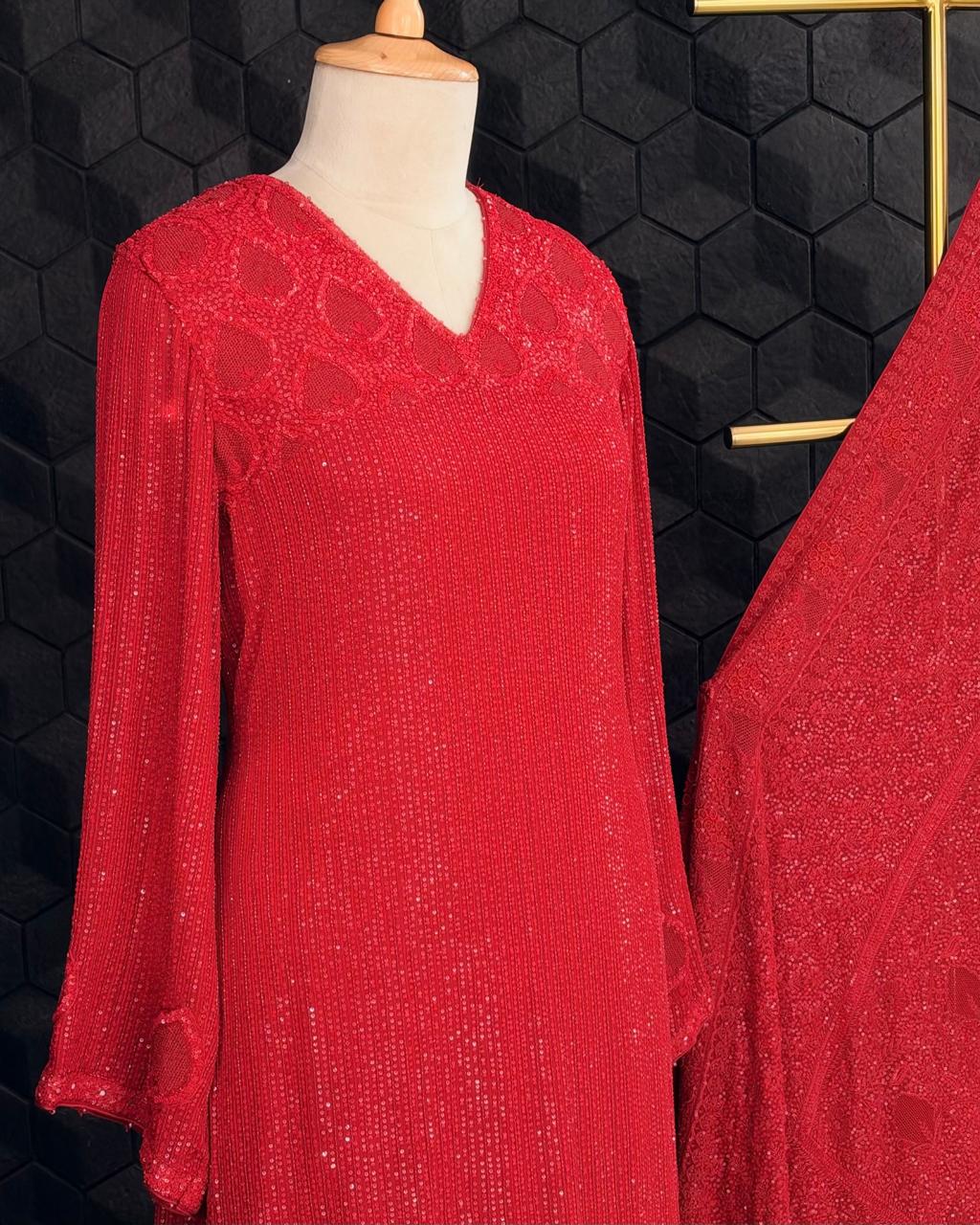 Red Heavy Dupatta Sequins Chikankari Suit Set