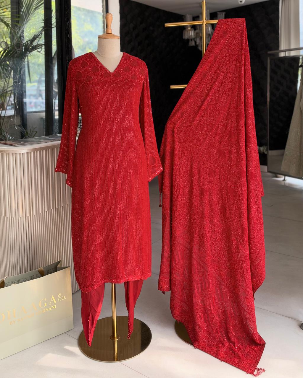 Red Heavy Dupatta Sequins Chikankari Suit Set