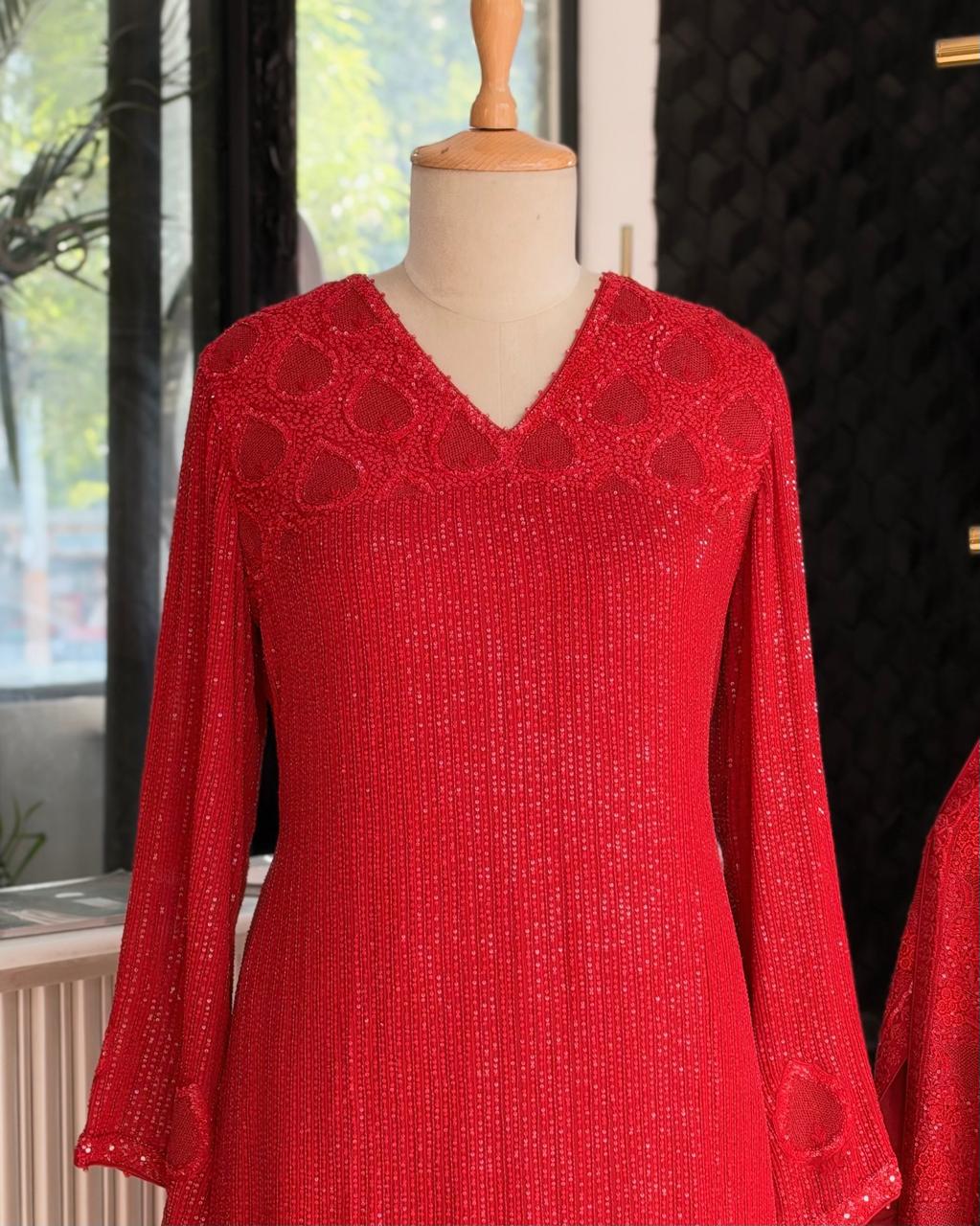 Red Heavy Dupatta Sequins Chikankari Suit Set