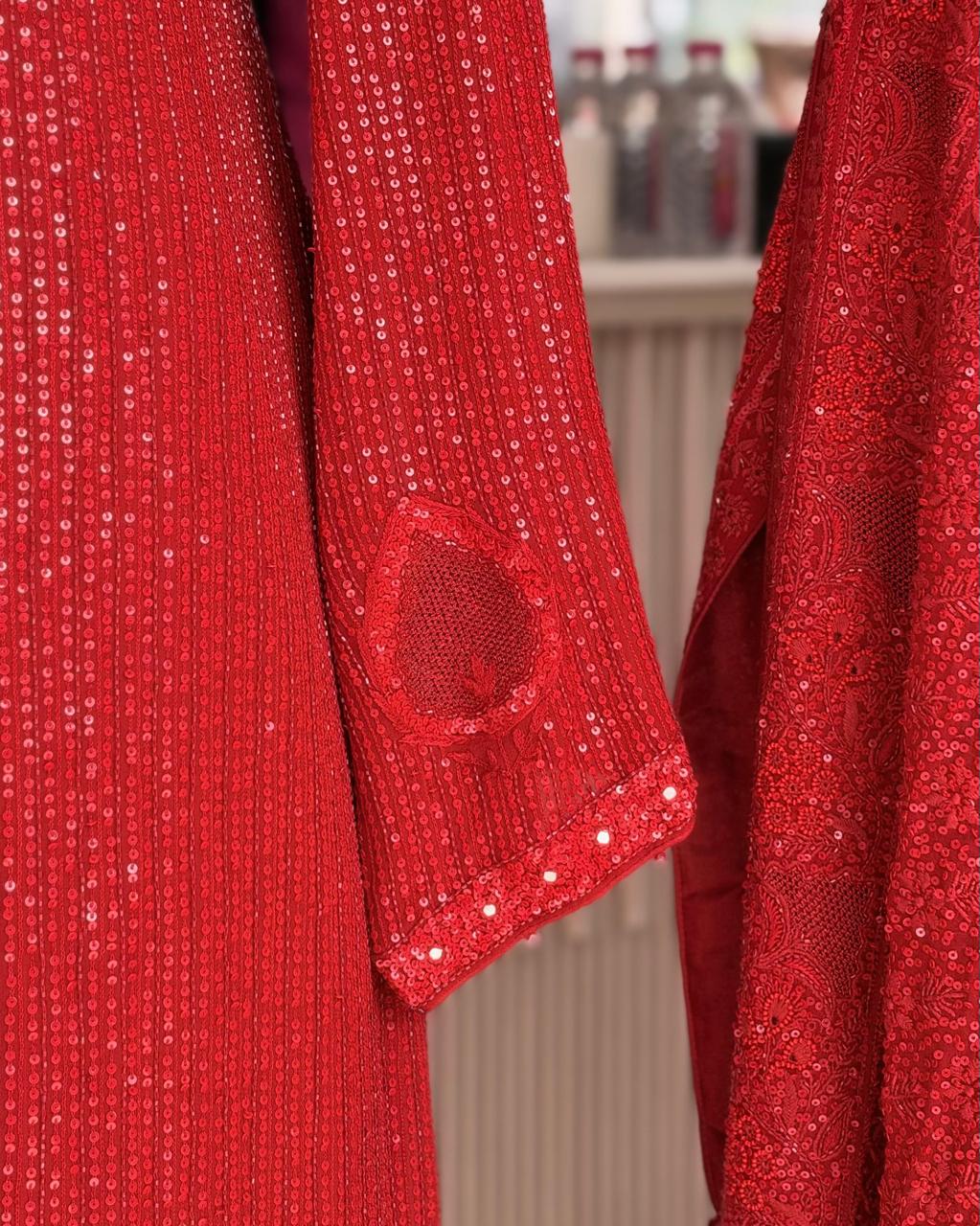 Red Heavy Dupatta Sequins Chikankari Suit Set