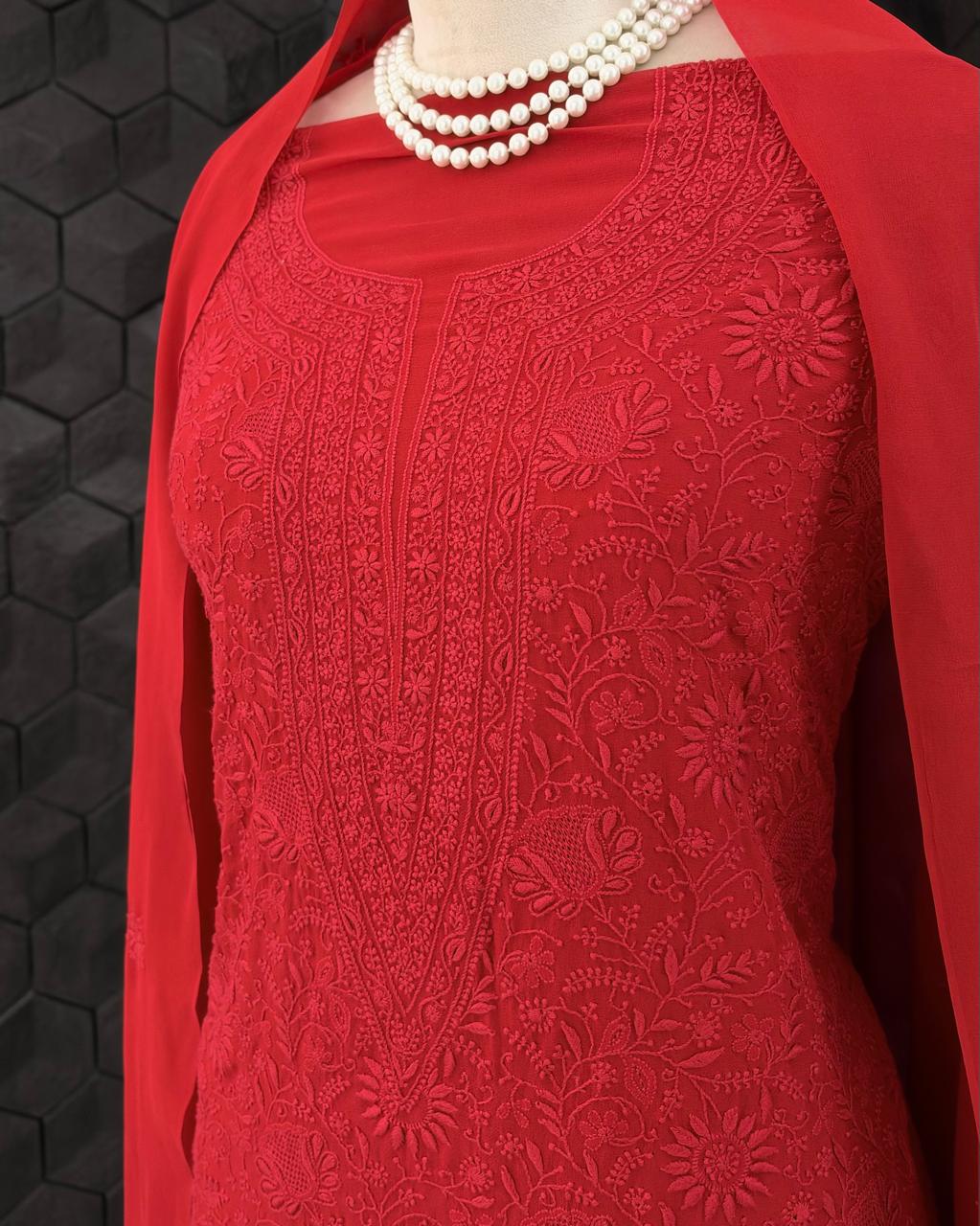 Red Floral Jaal Chikankari Suit Set
