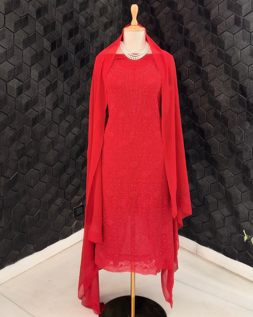 Red Floral Jaal Chikankari Suit Set