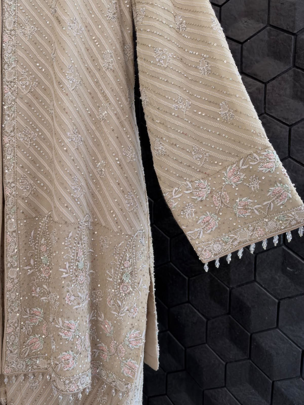 Gold & Beige Georgette Chikankari Long Gilet Set