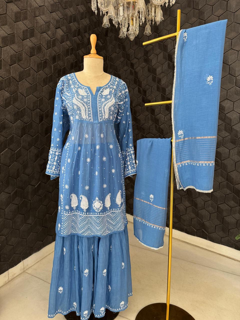 Cobalt Blue Mukaish & Chikankari Sharara Set