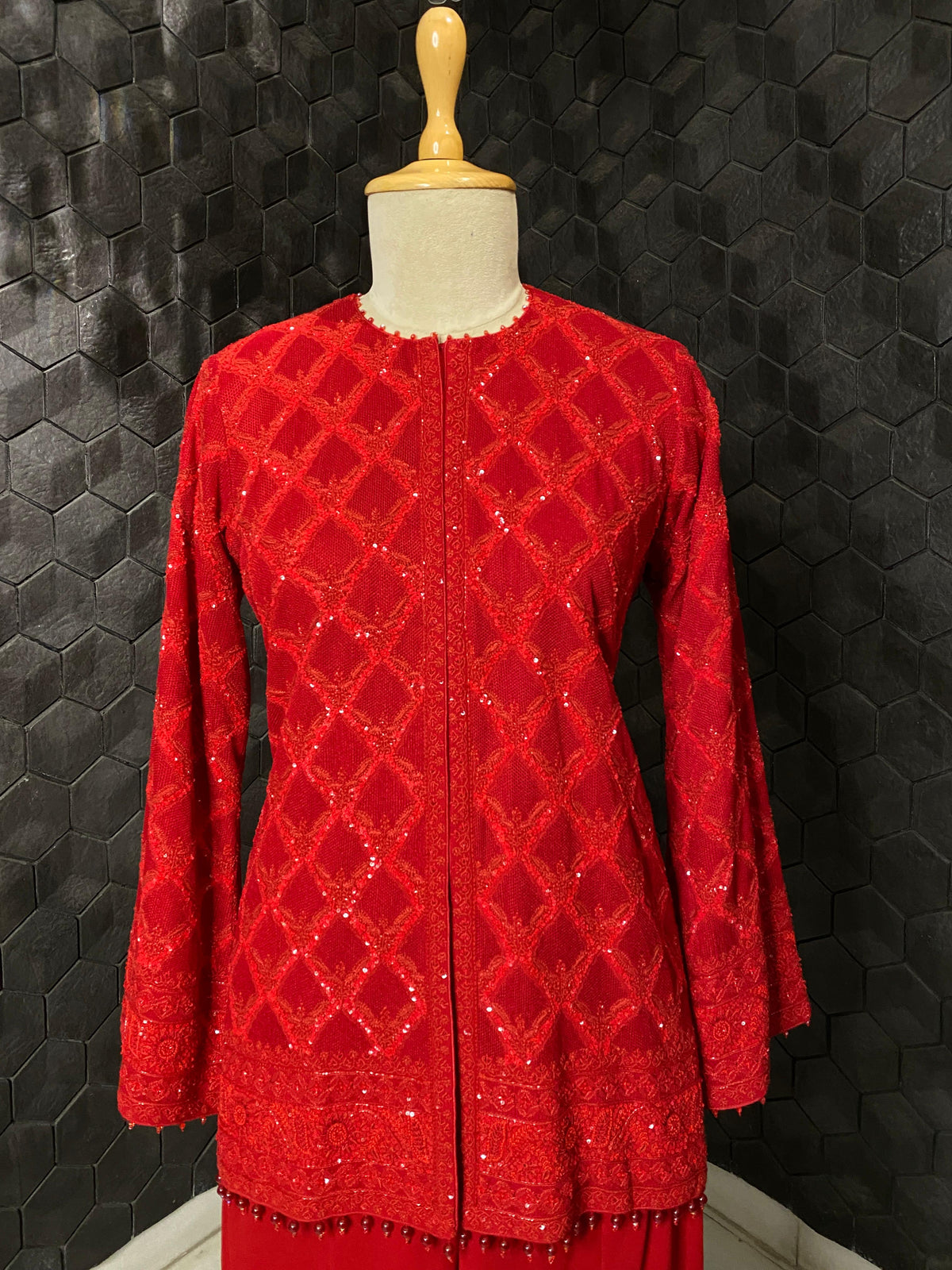 Red georgette Chikankari Gilet-Set