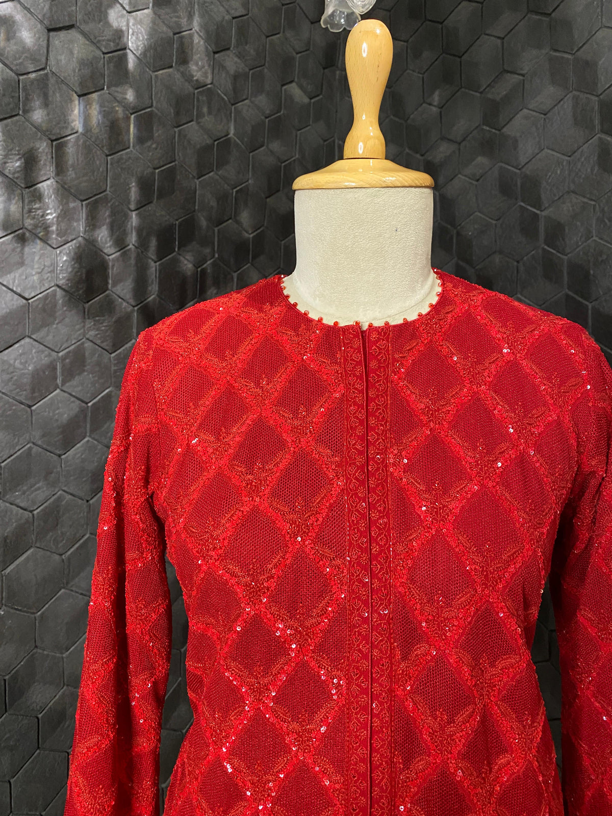 Red georgette Chikankari Gilet-Set
