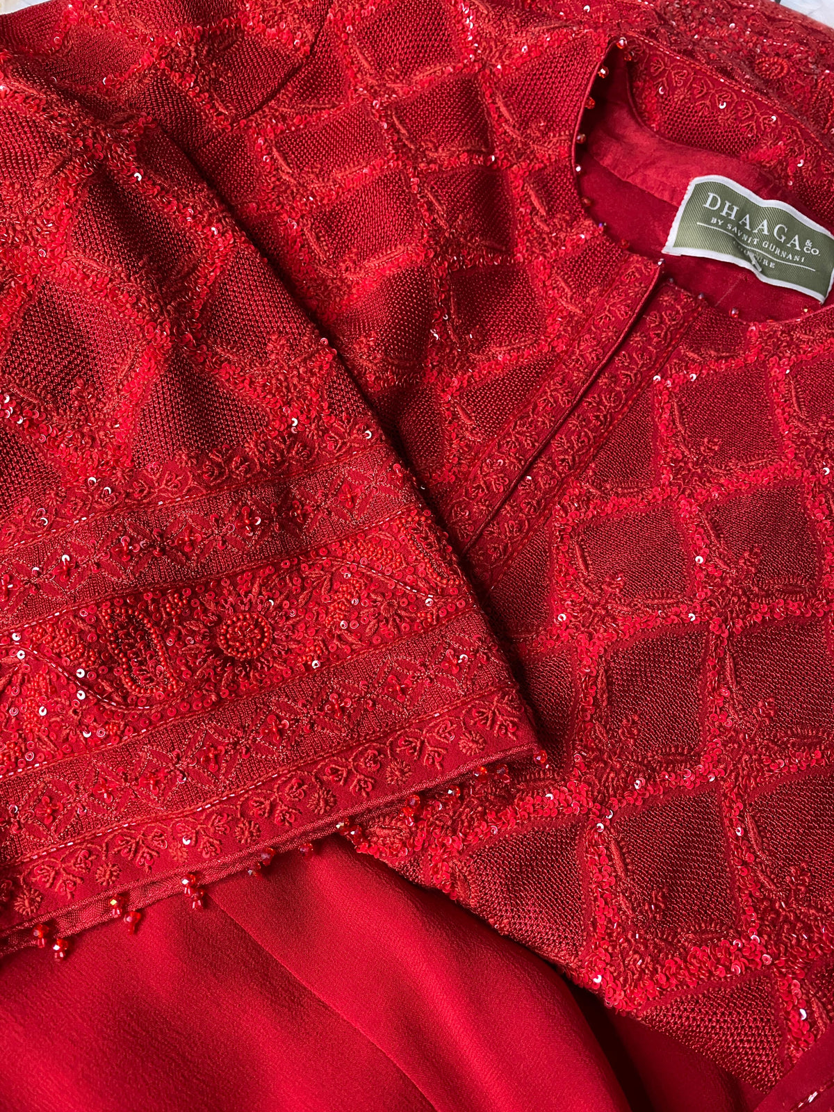 Red georgette Chikankari Gilet-Set