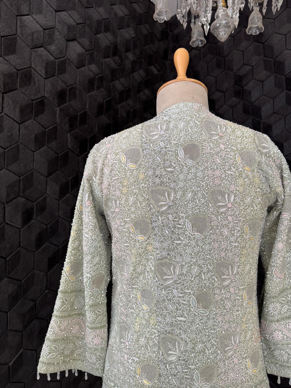 Sage Green Georgette Chikankari Gilet Set