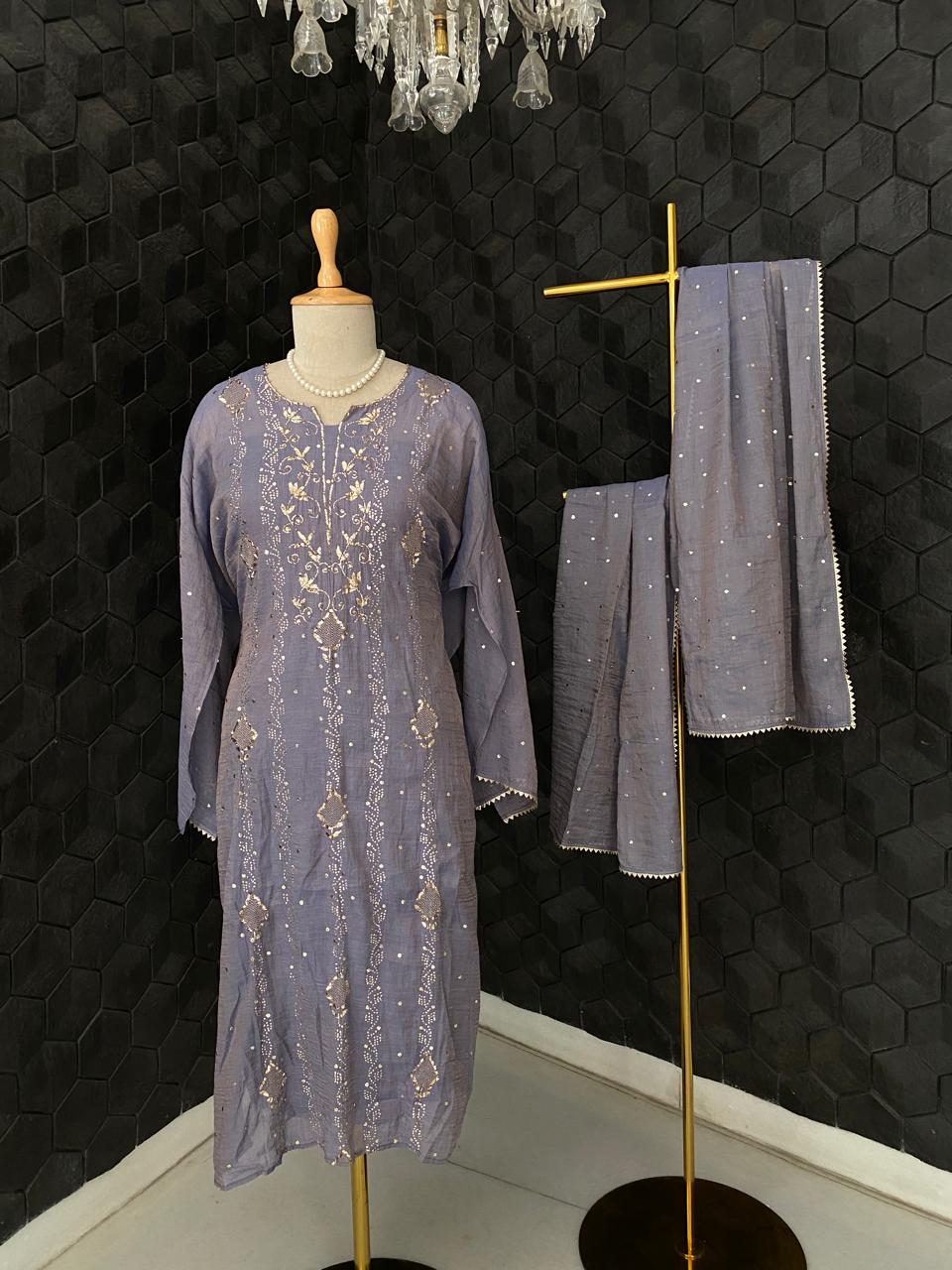 Lavender Mukaish & Pitta Tissue Kurta Set