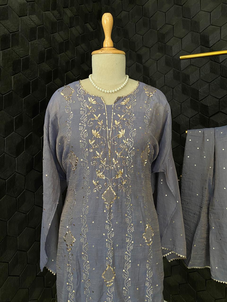 Lavender Mukaish & Pitta Tissue Kurta Set