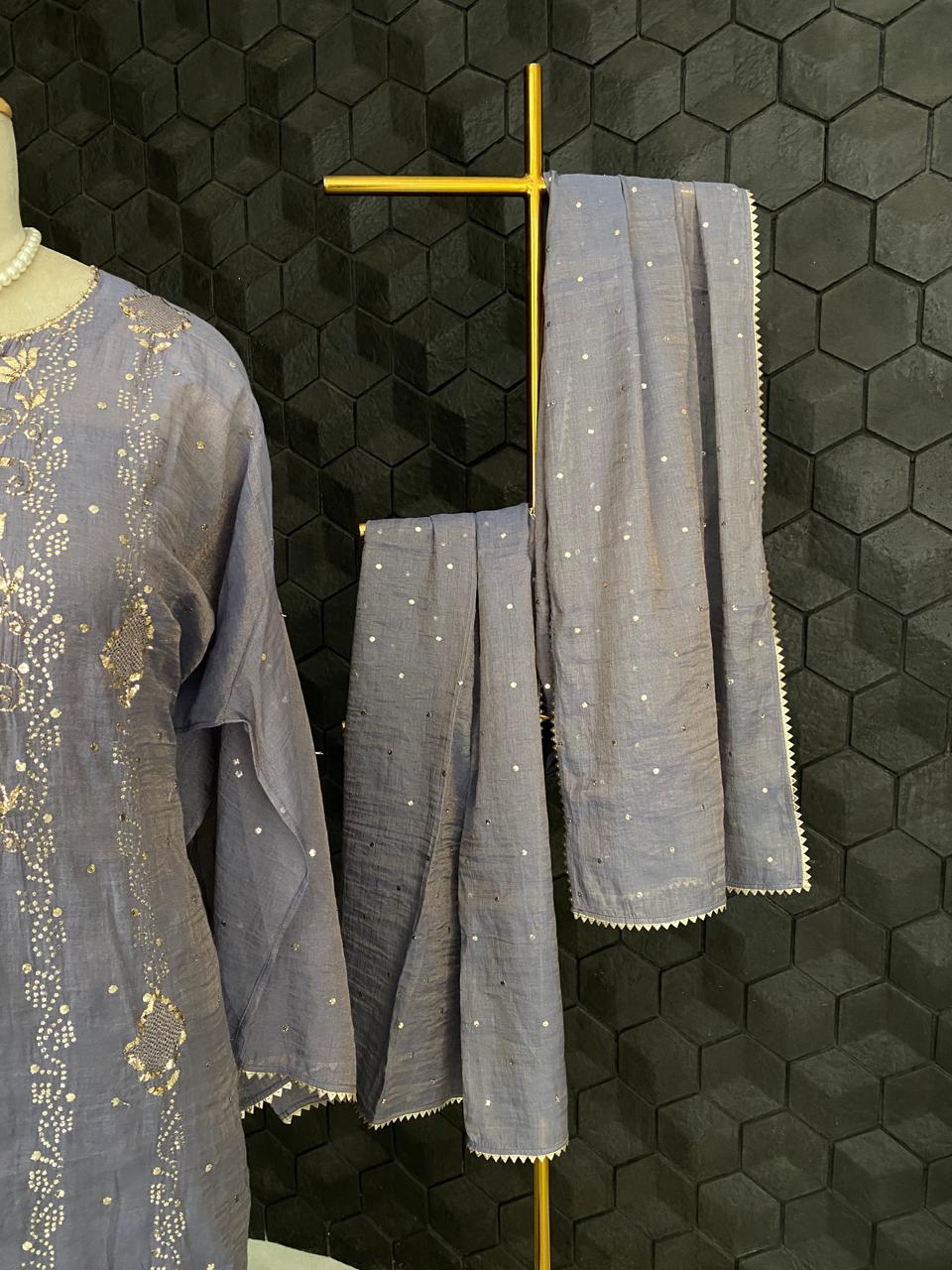 Lavender Mukaish & Pitta Tissue Kurta Set