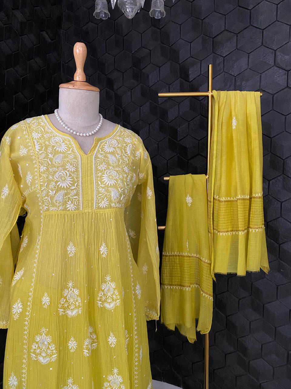 Yellow Mul Chanderi Chikankari Sharara Set