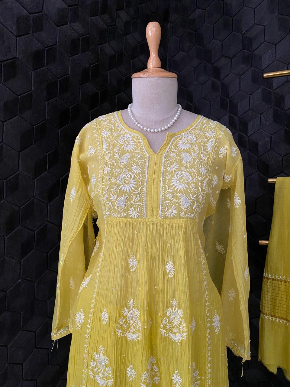 Yellow Mul Chanderi Chikankari Sharara Set