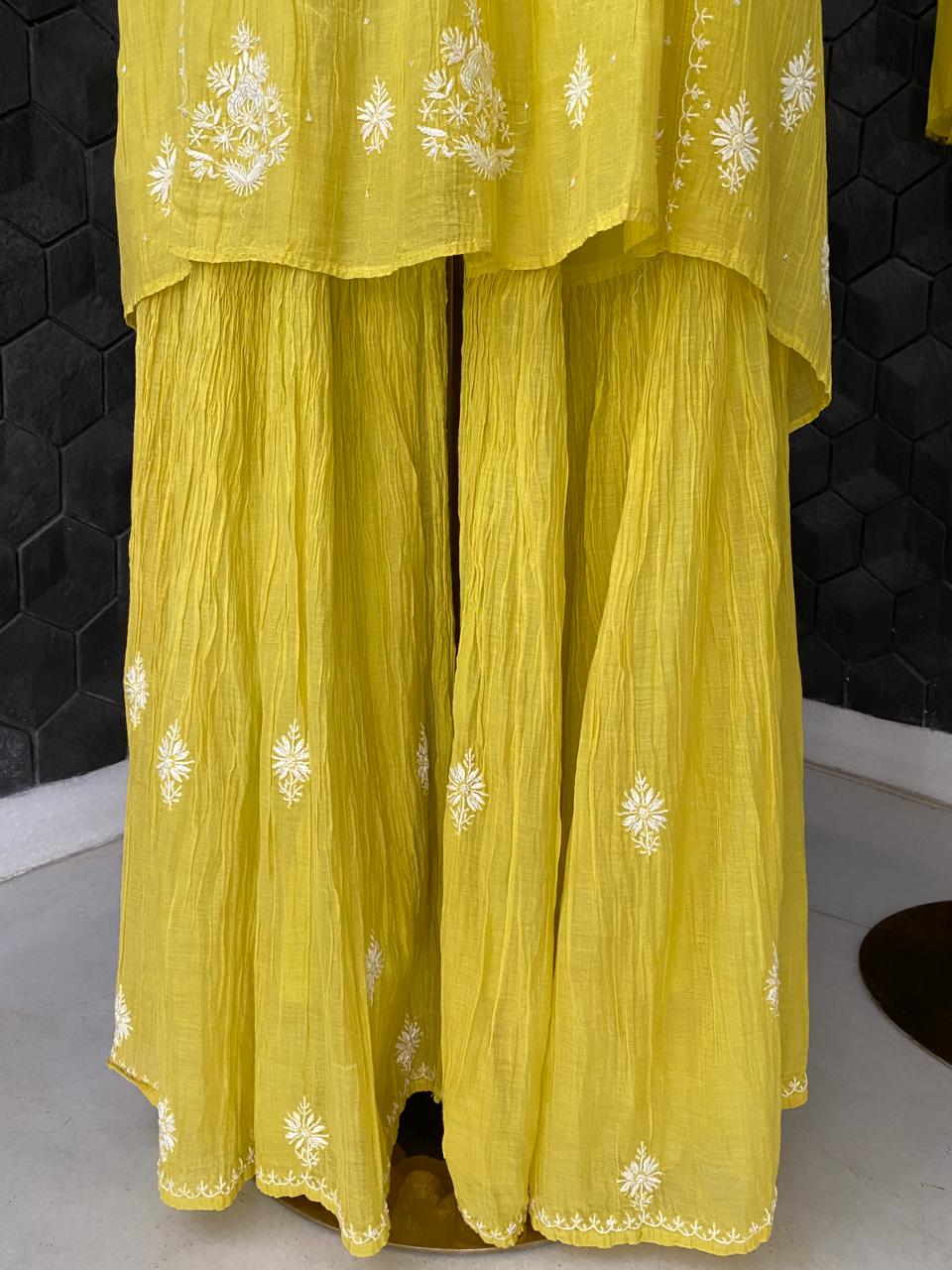 Yellow Mul Chanderi Chikankari Sharara Set