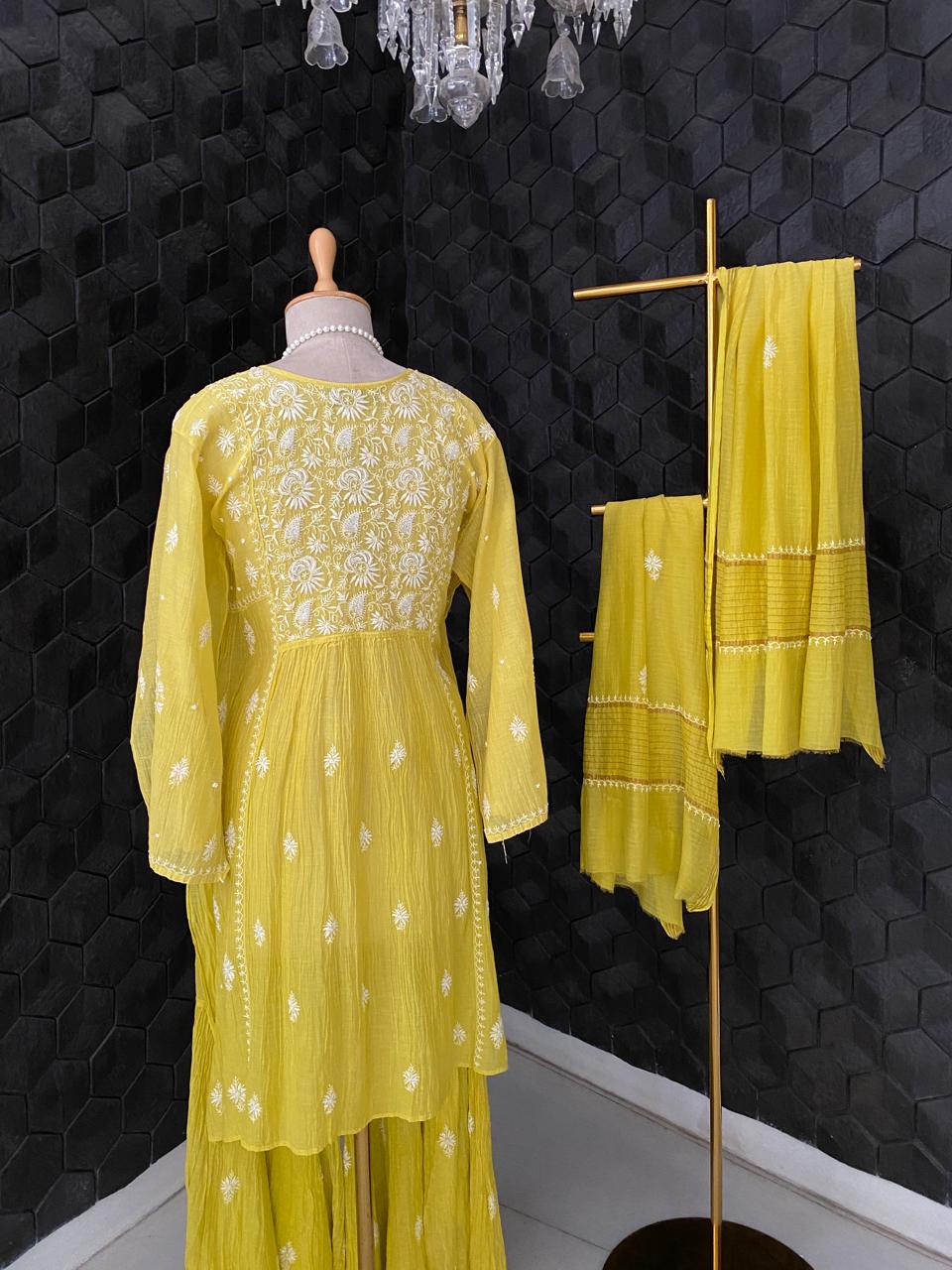 Yellow Mul Chanderi Chikankari Sharara Set