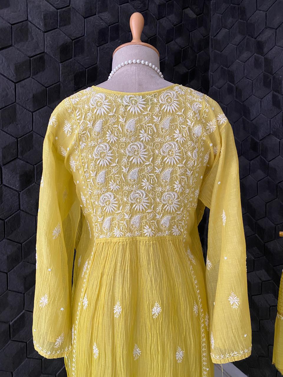 Yellow Mul Chanderi Chikankari Sharara Set