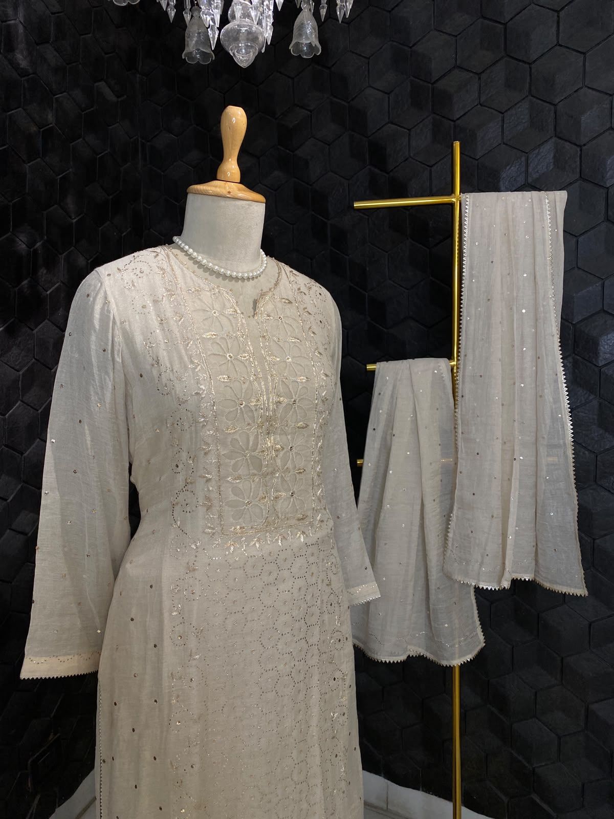 Golden Tissue Kurta Set with Statement Daraz Work